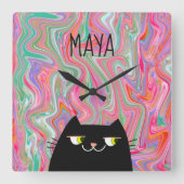 黒猫とピンクアート柄モノグラム名 スクエア壁時計 (正面)