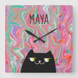 黒猫とピンクアート柄モノグラム名 スクエア壁時計