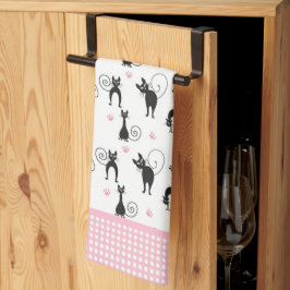 黒猫とピンクドットキッチンタオル キッチンタオル