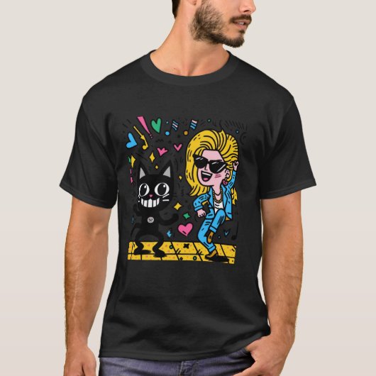 黒猫とブロンドの美女が一緒に踊っている。 Tシャツ (正面)