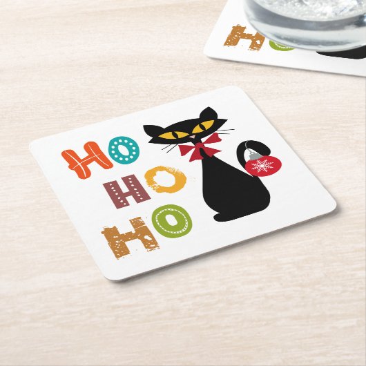 黒猫とホーホー文字デザイン スクエアペーパーコースター (アングル)