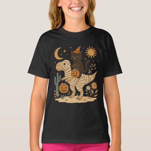 黒猫とミイラのティラノサウルス ハロウィンライド Tシャツ (正面)