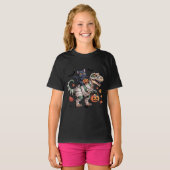 黒猫とミイラのティラノサウルス ハロウィン ライド Tシャツ (正面フル)