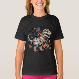 黒猫とミイラのティラノサウルス ハロウィン ライド Tシャツ