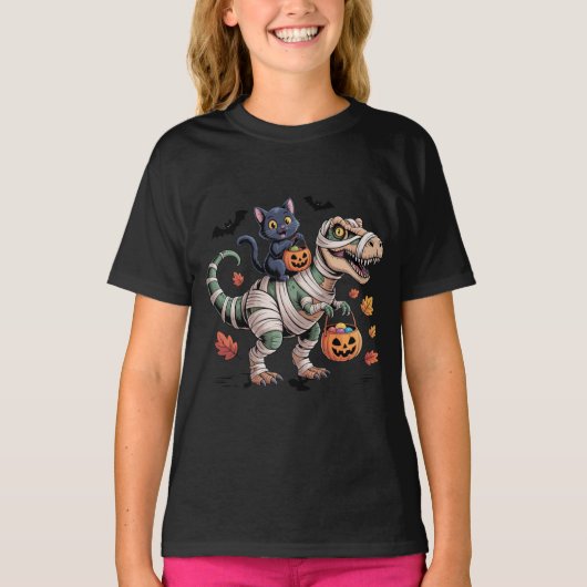 黒猫とミイラのティラノサウルス ハロウィン ライド Tシャツ (正面)