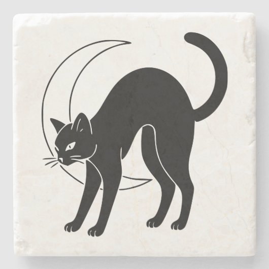 黒猫と三日月の線画 ストーンコースター (正面)