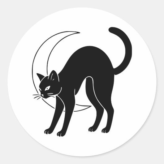 黒猫と三日月の線画 ラウンドシール (正面)