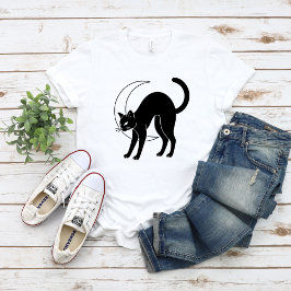 黒猫と三日月の線画 Tシャツ