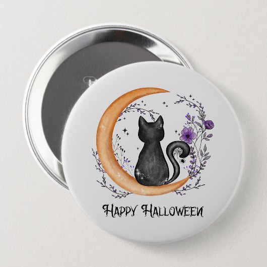 黒猫と三日月ハッピーハローウィン 缶バッジ (正面&裏面)