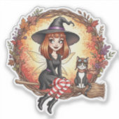 黒猫と共にいる秋の魔女の妖精 シール (正面)
