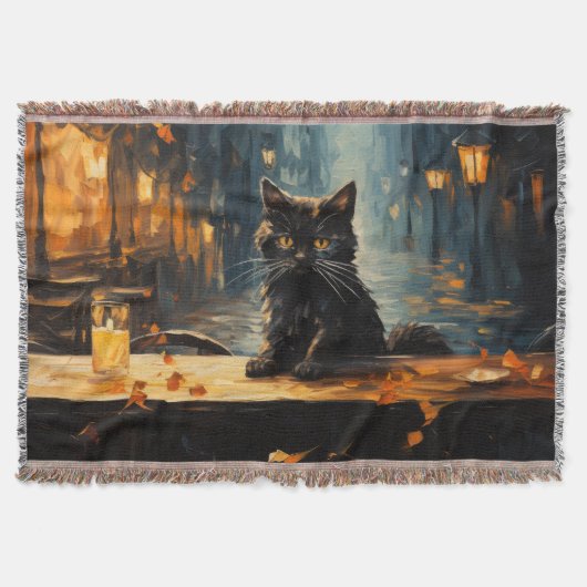 黒猫と夜のカフェ スローブランケット (正面)