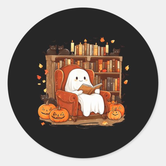 黒猫と幽霊のハロウィン本 読書好きのためのキュートなデザイン ラウンドシール (正面)