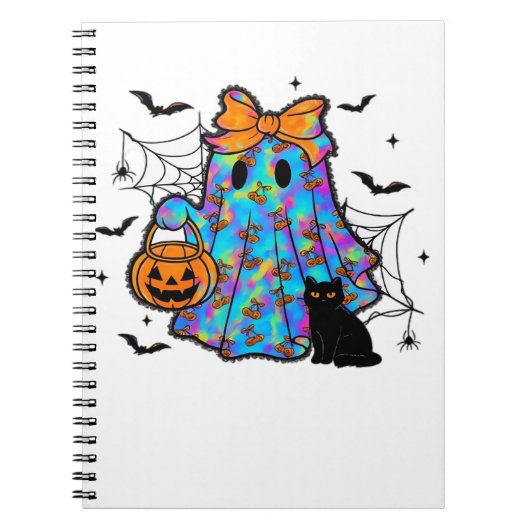 黒猫と幽霊の面白いハロウィンTシャツ ノートブック (正面)