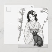 黒猫と日本人女性 ポストカード (正面/裏面)