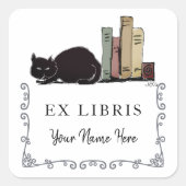 黒猫と本かわいい手描き蔵書票 スクエアシール (正面)