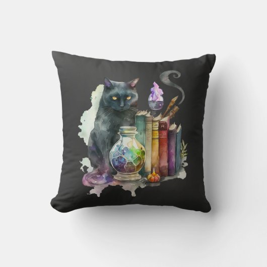 黒猫と本とポーション黒ハロウィン クッション (正面)