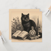 黒猫と本のヴィンテージイラスト カード (正面/裏面インサイチュ)