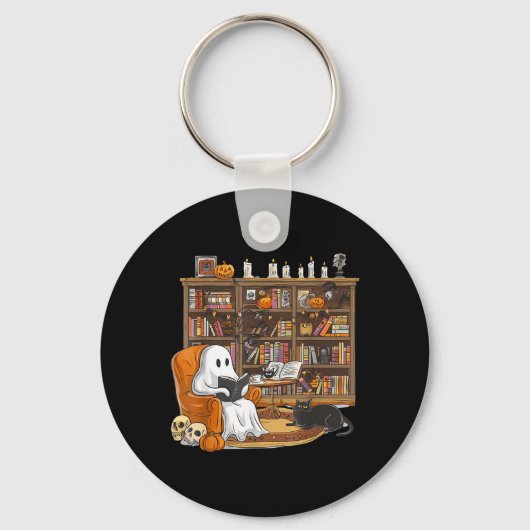 黒猫と本を読むかわいいおばけのハロウィン キーホルダー (正面)