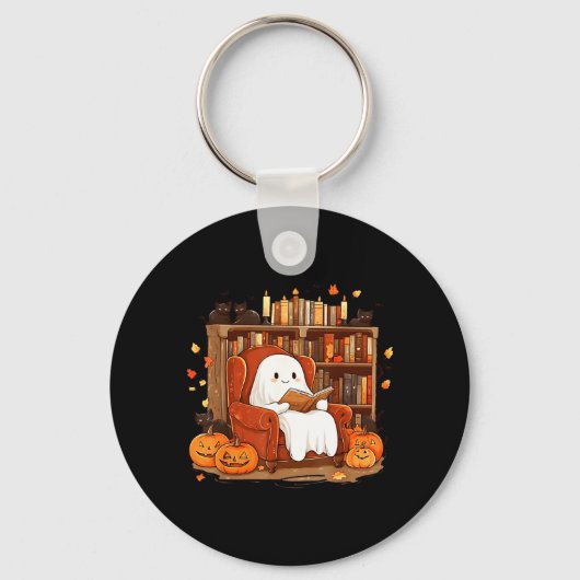黒猫と本を読む幽霊 かわいいハロウィン キーホルダー (正面)