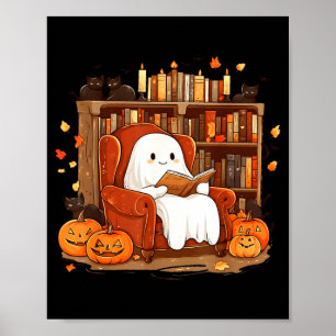 黒猫と本を読む幽霊 かわいいハロウィン ポスター