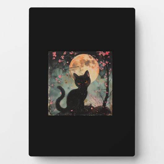 黒猫と桜の神秘的な赤月 フォトプラーク (正面)