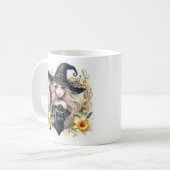 黒猫と水仙を持つリル・ウィッチのコーヒーマグ コーヒーマグカップ (正面左)