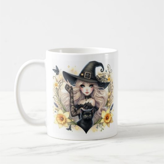 黒猫と水仙を持つリル・ウィッチのコーヒーマグ コーヒーマグカップ (左)
