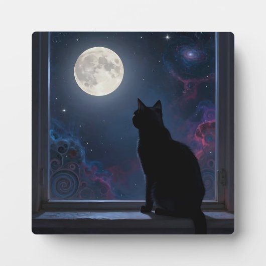 黒猫と満月のギャラクシー窓辺の風景 フォトプラーク (正面)