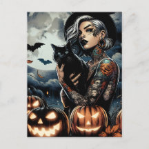 黒猫と満月の入れ墨をした魔女