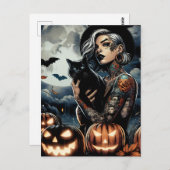 黒猫と満月の入れ墨をした魔女 ポストカード (正面/裏面)