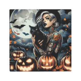 黒猫と満月の入れ墨をした魔女 メタルプリント