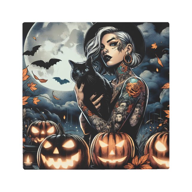 黒猫と満月の入れ墨をした魔女 メタルプリント (正面)