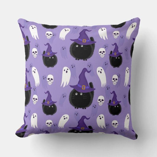 黒猫と白い幽霊のハロウィンパープル クッション (正面)
