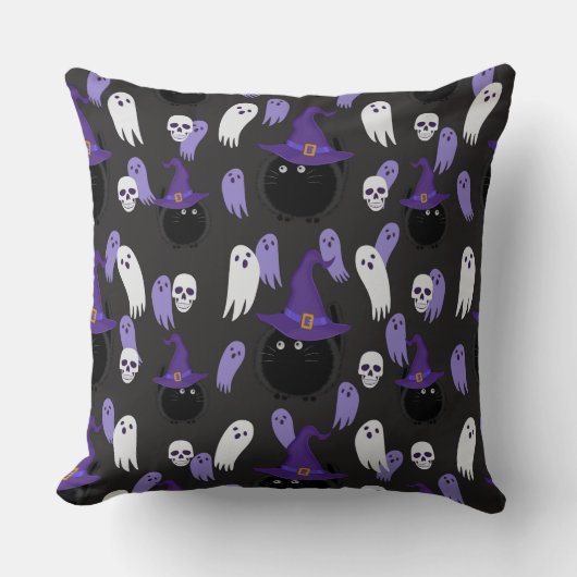黒猫と白い幽霊のハロウィンパープル クッション (正面)