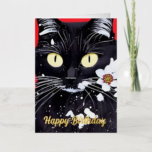 黒猫と白い花誕生日 箔グリーティングカード (正面)