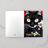 黒猫と白い花誕生日 箔グリーティングカード (外側レイダウン)