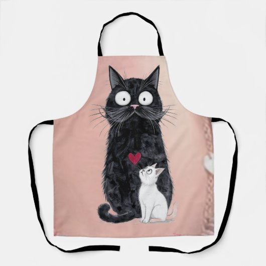 黒猫と白子猫のレッドハート エプロン (正面)