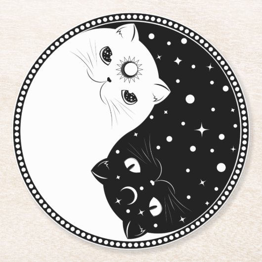 黒猫と白猫の漫画、陰陽印 ラウンドペーパーコースター (正面)