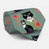黒猫と白猫の背景に花 ネクタイ (ロール)