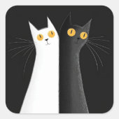 黒猫と白猫の黒背景 スクエアシール (正面)