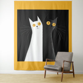 黒猫と白猫の黒背景 タペストリー