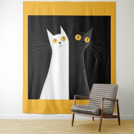 黒猫と白猫の黒背景 タペストリー (インサイチュ)
