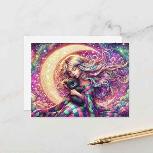 黒猫と眠る三日月の少女 ポストカード (正面/裏面インサイチュ)