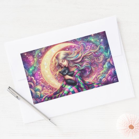 黒猫と眠る三日月の少女 長方形シール (封筒)