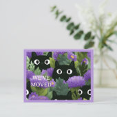 黒猫と紫の花の引越のご挨拶 ブラックキャットパープル ポストカード (スタンド正面)