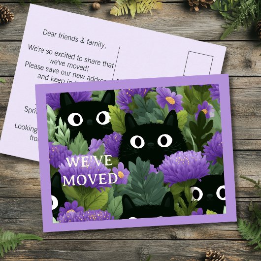 黒猫と紫の花の引越のご挨拶 ブラックキャットパープル ポストカード