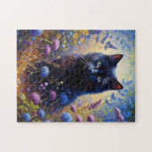 黒猫と紫の野草油絵 ジグソーパズル (横)