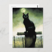 黒猫と緑の目と白熱［赤熱］光を放つ月 ポストカード (正面/裏面)