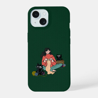 黒猫と編み物をする女性のあったかスマホケース iPhone 15ケース