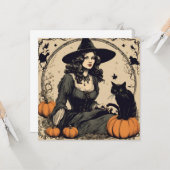 黒猫と美しいヴィンテージハロウィーンの魔女 カード (正面/裏面インサイチュ)
